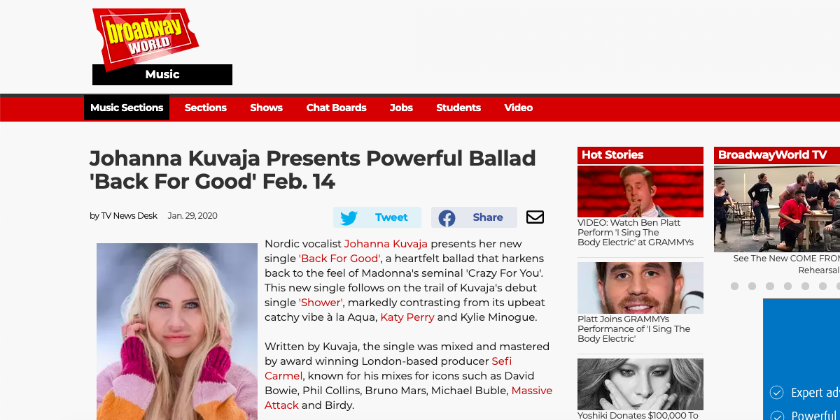 Broadway World "Back for Good" feature